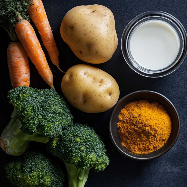 Carottes, Brocolis, Pommes de terre, Curcuma et lat de coco